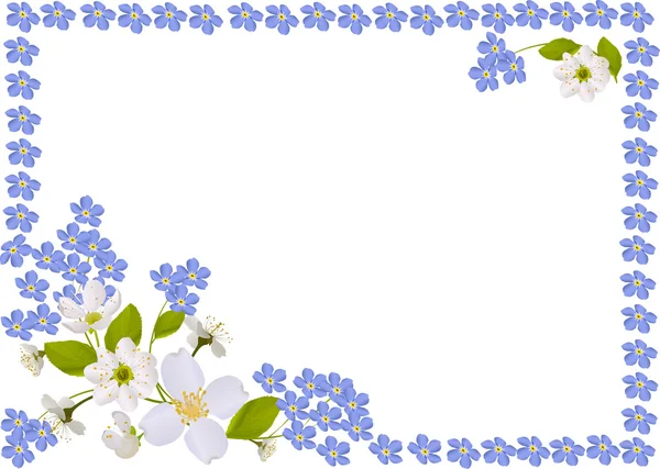 Beyaz ve mavi bahar çiçekli çerçeve — Stok Vektör