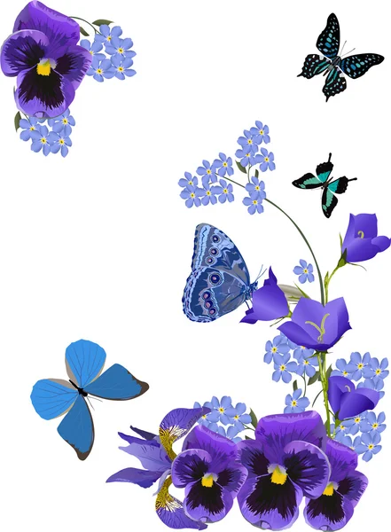 Blue butterflies and flowers decoration — Stock Vector