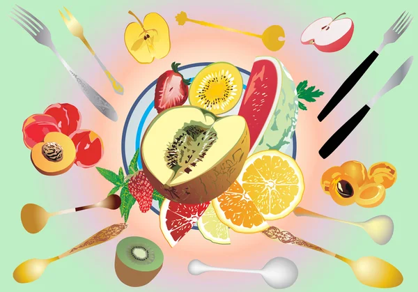 Piezas de fruta en la ilustración de mesa — Archivo Imágenes Vectoriales