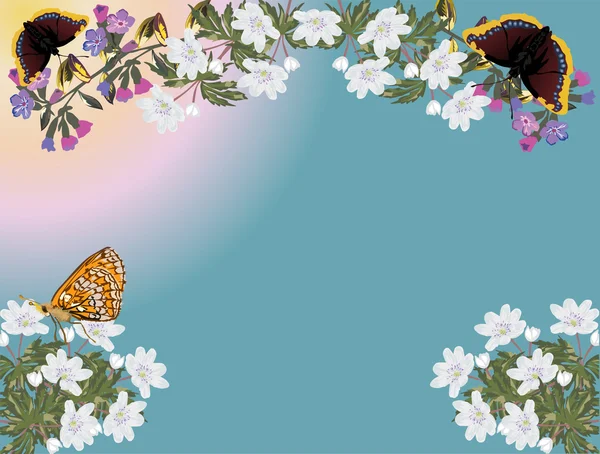 Jarní květiny a motýli tři ilustrace — Stockový vektor