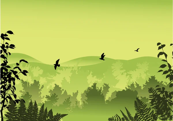 Floresta verde e pássaros no céu — Vetor de Stock