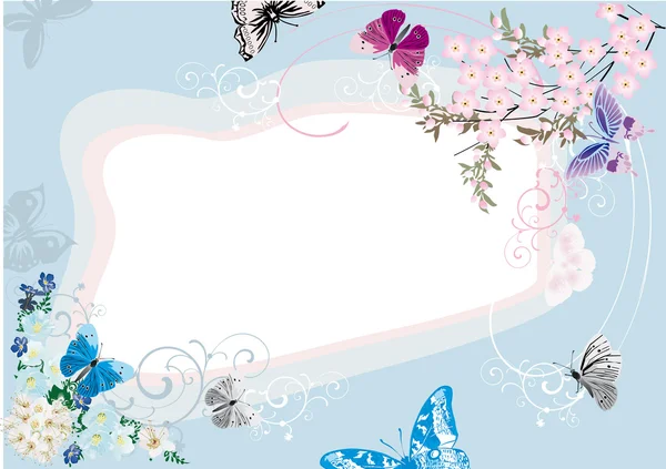 Mariposa azul y diseño de marco de flores — Vector de stock