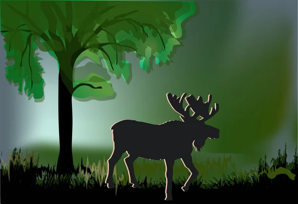 麋鹿剪影下绿树 — 图库矢量图片