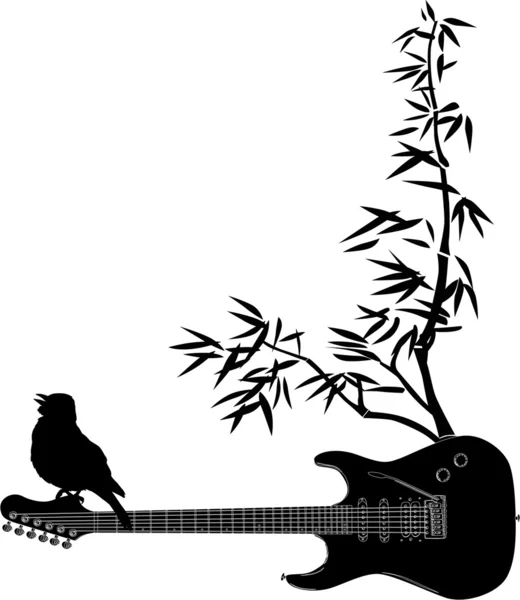 Pájaro, guitarra e ilustración de plantas — Vector de stock