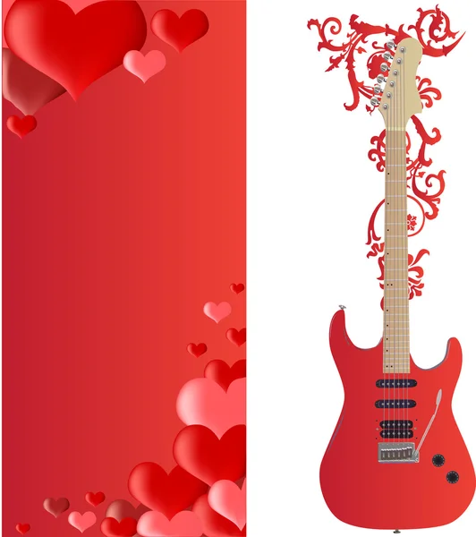 Guitarra roja y corazones marco — Vector de stock
