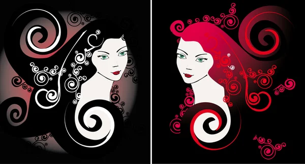 Two woman portraits with curls — Stock Vector