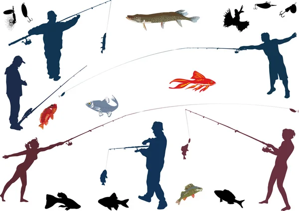 Reihe von Fischern und Fischen — Stockvektor