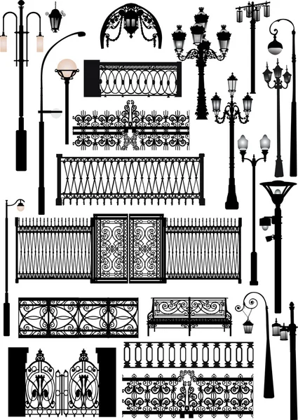 Different fences and street lamps collection — Stock Vector