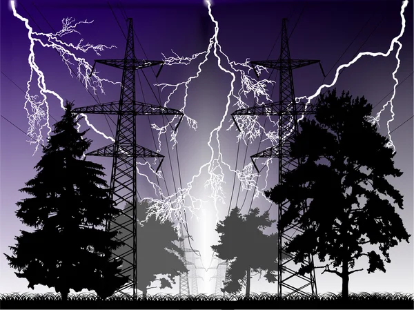 Lightnings and high-voltage line at night — Stock Vector