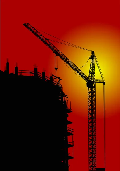 Single crane for house building at sunset — Stock Vector