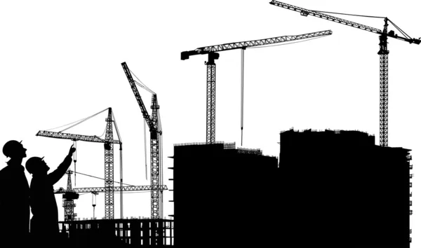Wokers près de silhouettes de construction — Image vectorielle