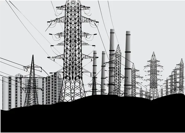 Industrial landscape with electric towers — Stock Vector