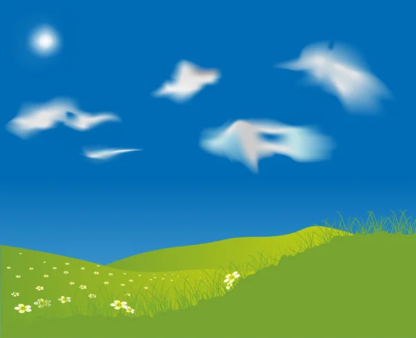 緑の丘と白い花イラスト — ストックベクタ