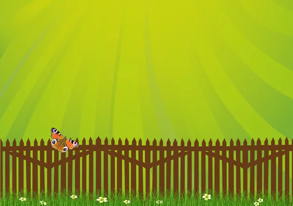 Clôture dans l'herbe verte avec papillon rouge — Image vectorielle