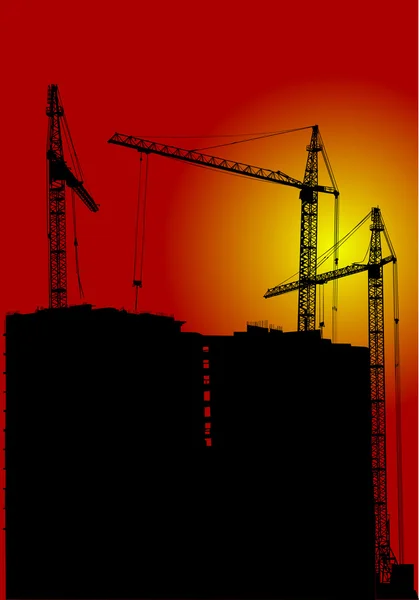 Vörös naplemente felett ház építése — Stock Vector