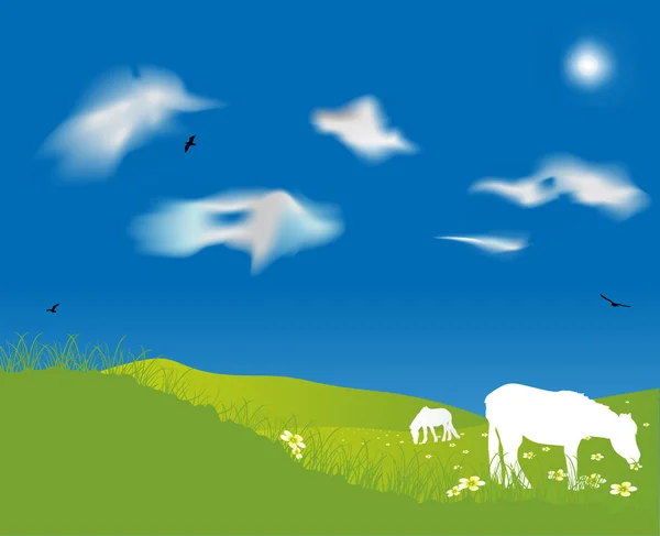 Paysage avec prairie et chevaux — Image vectorielle