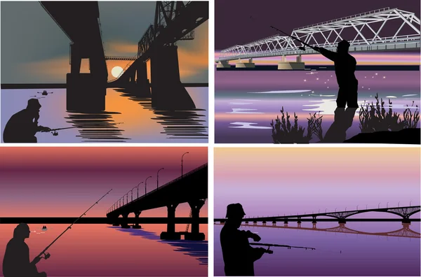 Vier illustraties met vissers — Stockvector