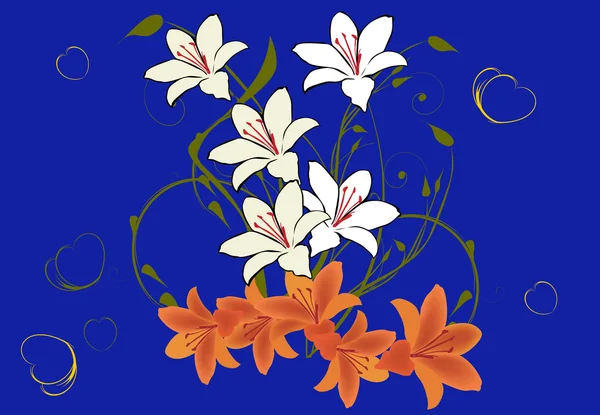 Flores de lírio branco e laranja em azul — Vetor de Stock