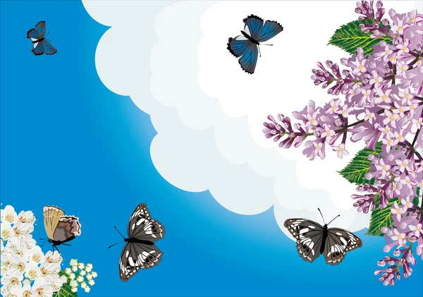 Motyle i kwiaty bzu na niebiesko — Wektor stockowy