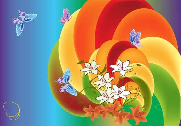 Kelebekler ve lily çiçekler rainbow zemin üzerine — Stok Vektör