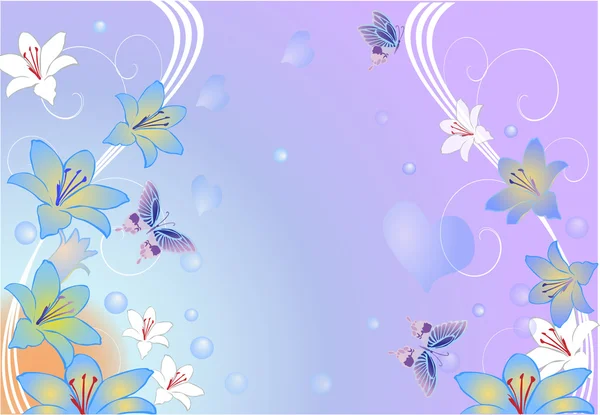 Blaues Design mit Lilienblüten und Schmetterlingen — Stockvektor