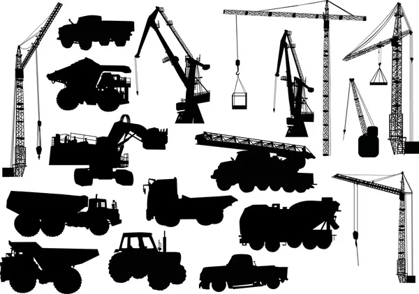 Heavy machinery and cranes silhouettes — Stock Vector