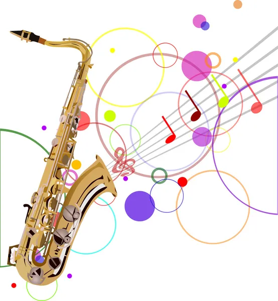 Saxofón dorado y fondo musical — Vector de stock