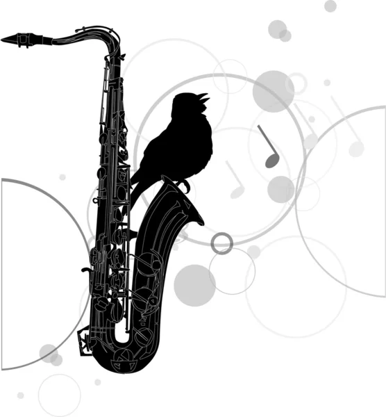 Saxofone preto e pássaro — Vetor de Stock