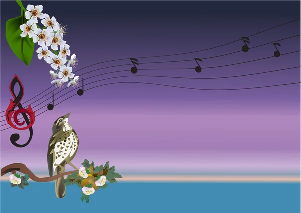 Singing bird and flowers illustration — Stock Vector