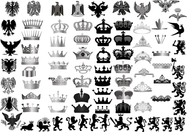 Large set of grey crowns and heraldic animals — Stock Vector