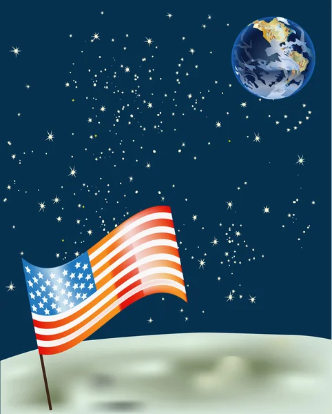 달 표면 일러스트에 미국 국기 — 스톡 벡터