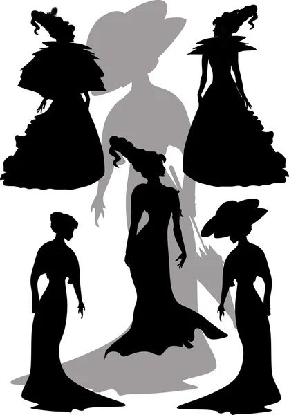 Ženy v klasické šaty siluety ilustrace — Stockový vektor