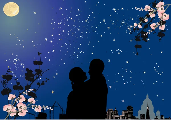 星の空と満月の下でカップル — ストックベクタ