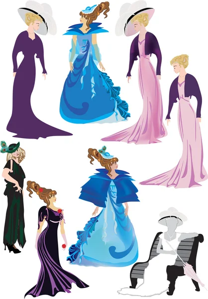 Grupp kvinnor i klassiska klänningar — Stock vektor