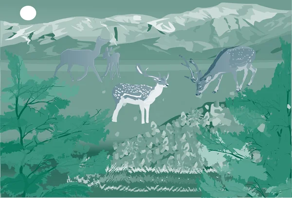 Група оленів у лісі поблизу гір — стоковий вектор