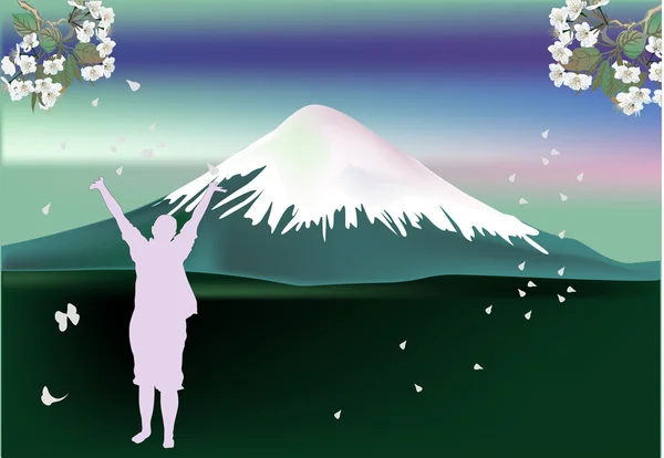 Montagne, fille et arbre avec des fleurs — Image vectorielle