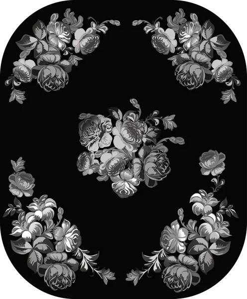 Серый цветок украшения на черном с розами — стоковый вектор