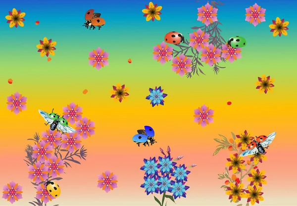 Regenbogenillustration mit Blumen und Marienkäfern — Stockvektor