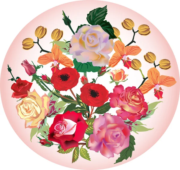 Massa orkidéer och rosor blommor på rosa — Stock vektor