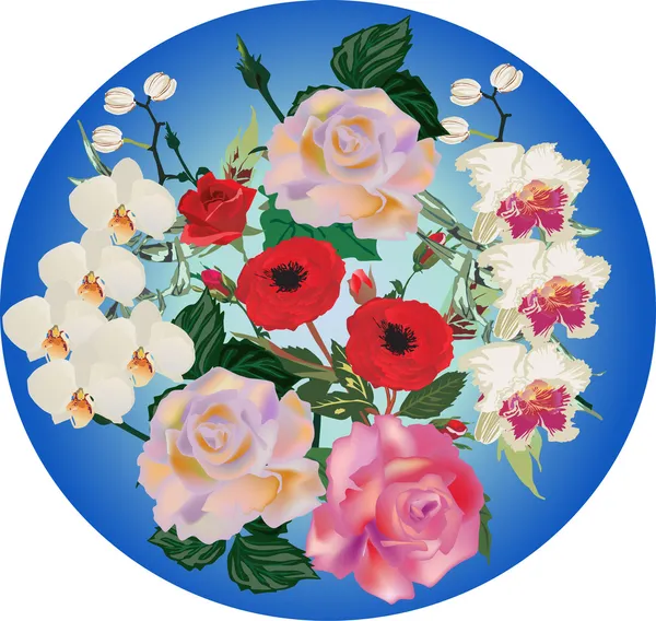 Orchid en rose bloemen in blauwe cirkel — Stockvector