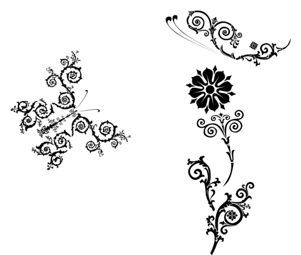 Fleur décorée et papillons isolés sur blanc — Image vectorielle