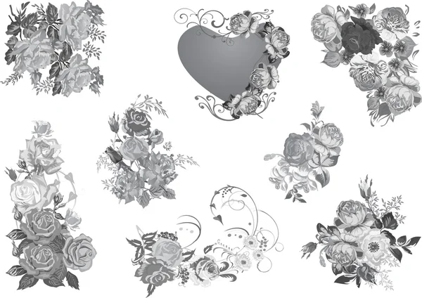 Colección de rosas grises aisladas en blanco — Archivo Imágenes Vectoriales