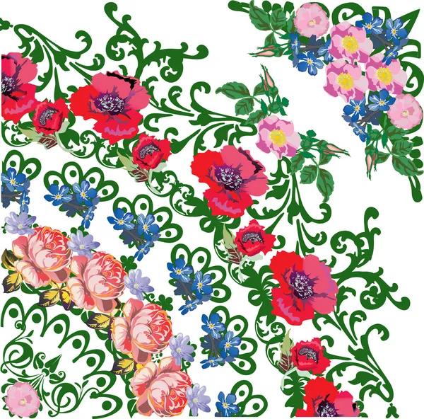 Cuadrante ilustración con flores de amapola roja — Vector de stock