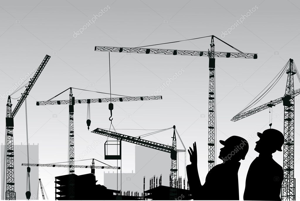 hoisting cranes and two workmen