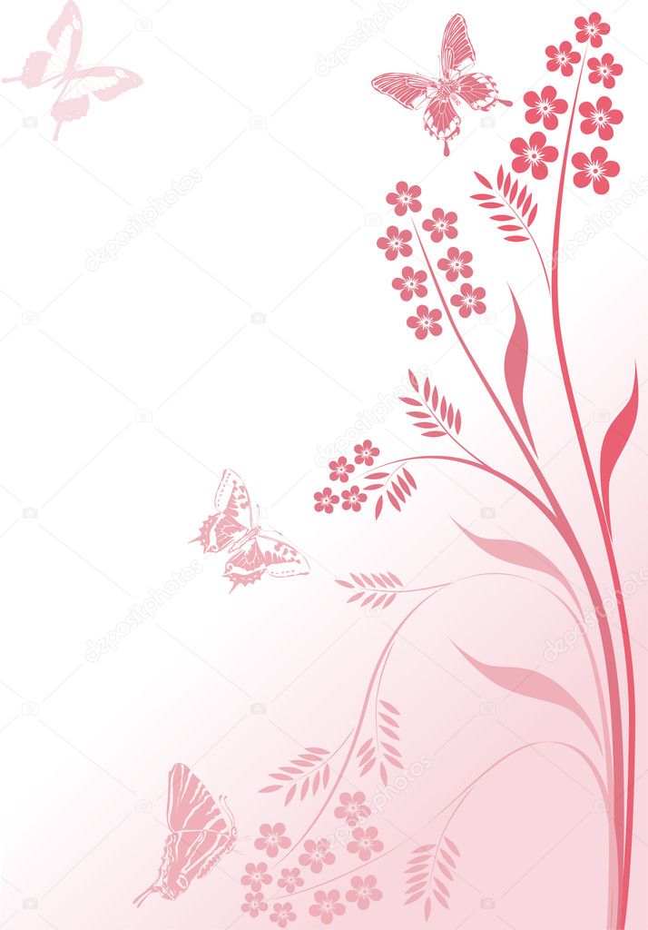simple pink flowers and butterflies