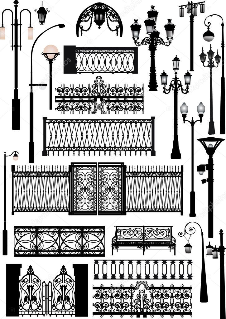 different fences and street lamps collection