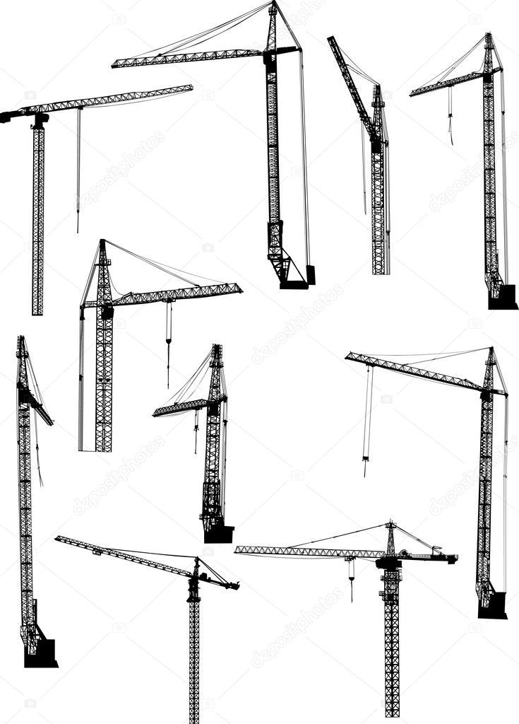 ten building cranes isolated on white