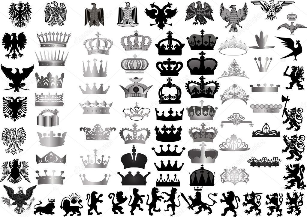 large set of grey crowns and heraldic animals