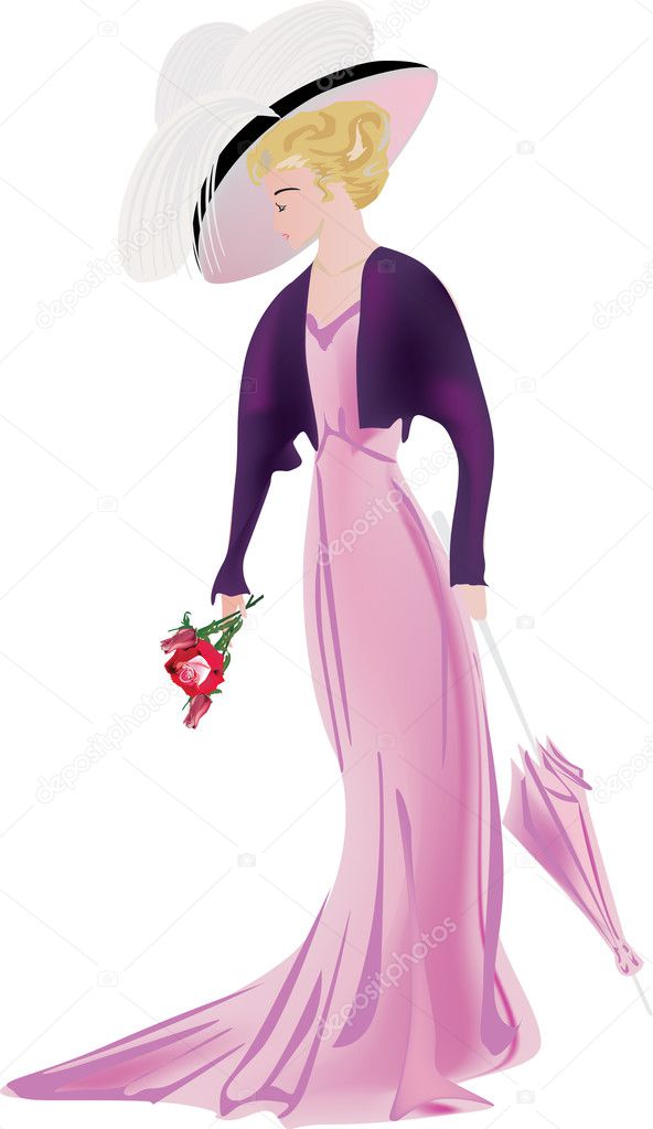 woman in classic dress with flowers and umbrella