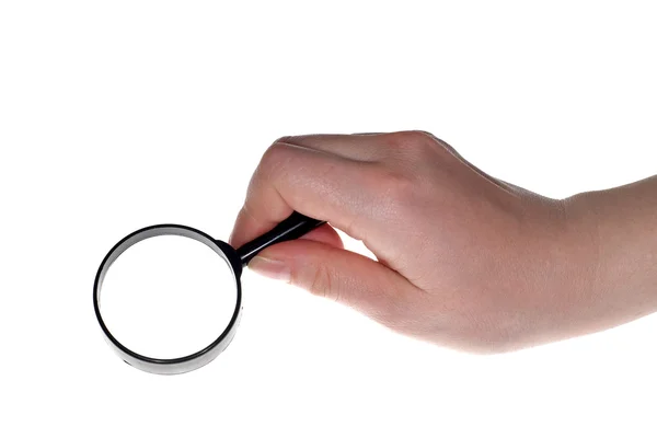 Black magnifying in woman hand — Stock Photo, Image